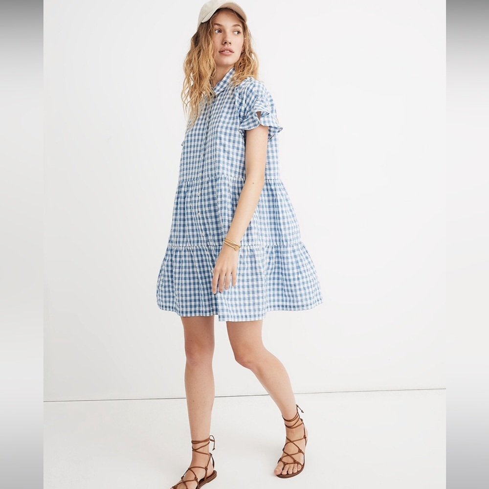 Madewell Ruffle-Sleeve Tiered Shirtdress in Gingham Check